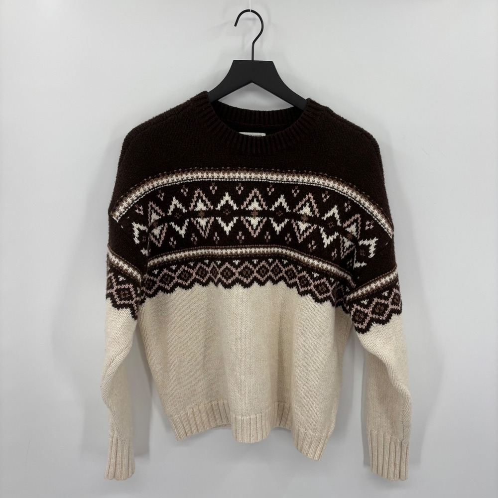 American Eagle Fair Isle Sweater Womens Small Brown Cream Knit Pullover Winter